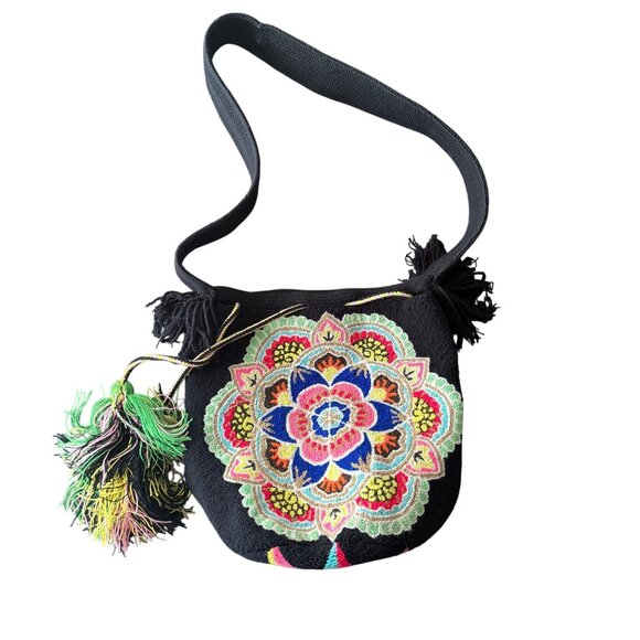 Handmade Wuitusu Black Boho Crossbody Bag With Vibrant Embroidered Mandala Desig